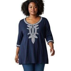 Talbots  2X Petite Embroidred Tunic Top Navy Blue White 100% Cotton 3/4 Sleeves